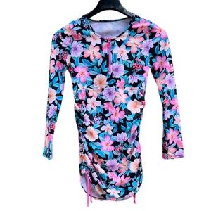NWOT Pipeline Floral Long Sleeve Rash Guard Swim Dress Ruched Sides Quarter Zip